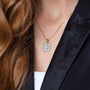 Jerusalem Cross Medallion Necklace, Square Gold Frame, 925 Sterling Silver – shown worn, close-up