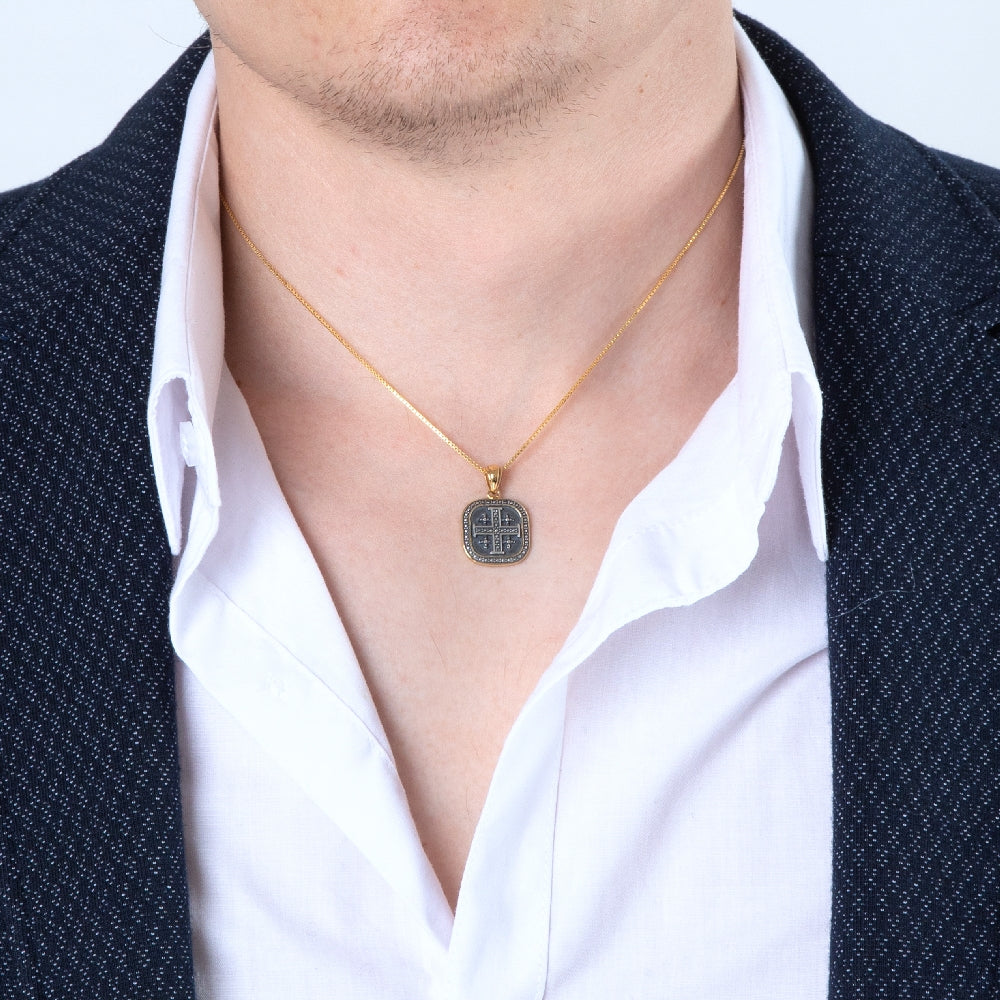 Jerusalem Cross Medallion Necklace, Square Gold Frame, 925 Sterling Silver – shown worn, close-up