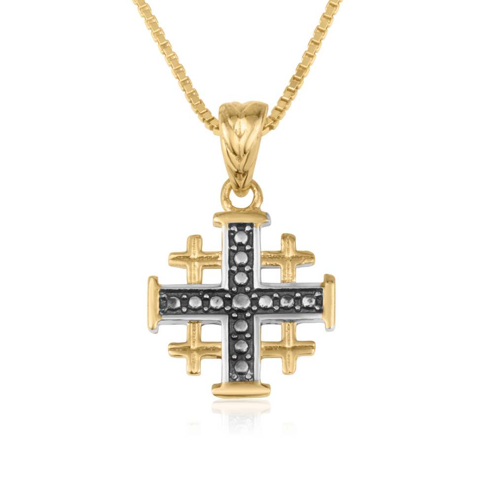 Compact gold-plated Jerusalem Cross pendant with oxidized center bar in 925 sterling silver by Marina Jewelry