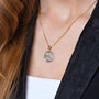 Round Jerusalem Cross Medallion Pendant Necklace in 925 Sterling Silver, Oxidized – shown worn, close-up