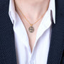 Round Jerusalem Cross Medallion Pendant Necklace in 925 Sterling Silver, Oxidized – shown worn, close-up