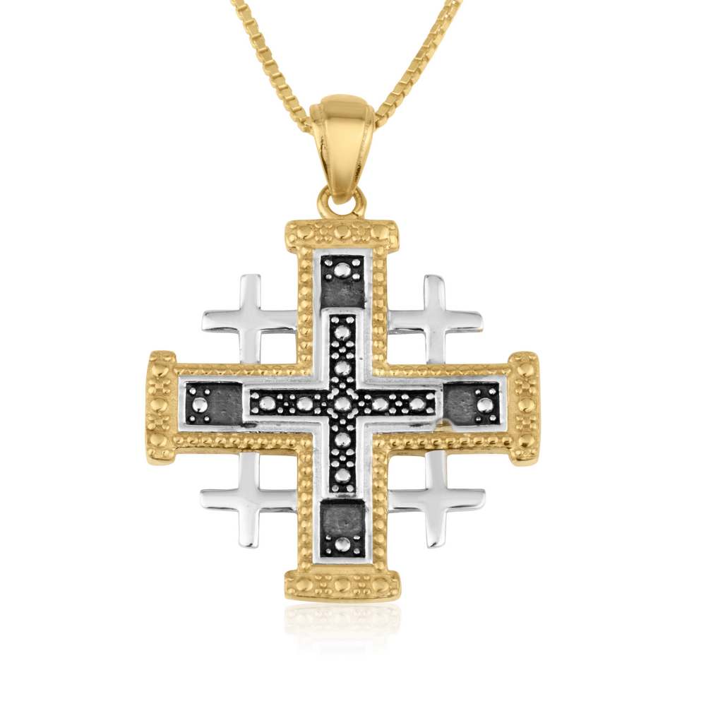 Gold-plated Jerusalem Cross pendant with oxidized silver panels in 925 sterling silver by Marina Jewelry