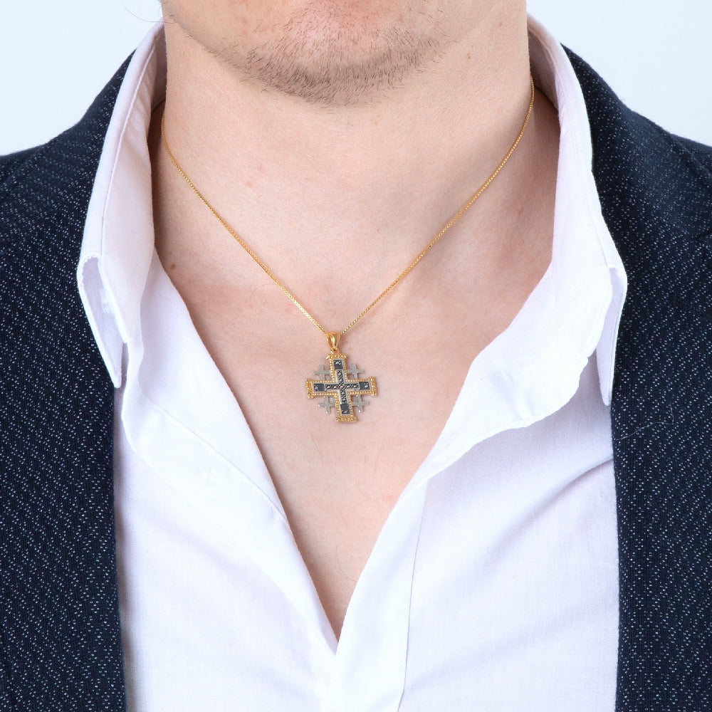 Two-Tone Jerusalem Cross Pendant Necklace, Gold Beaded Edge, Dark Center, 925 Sterling Silver – shown worn, close-up