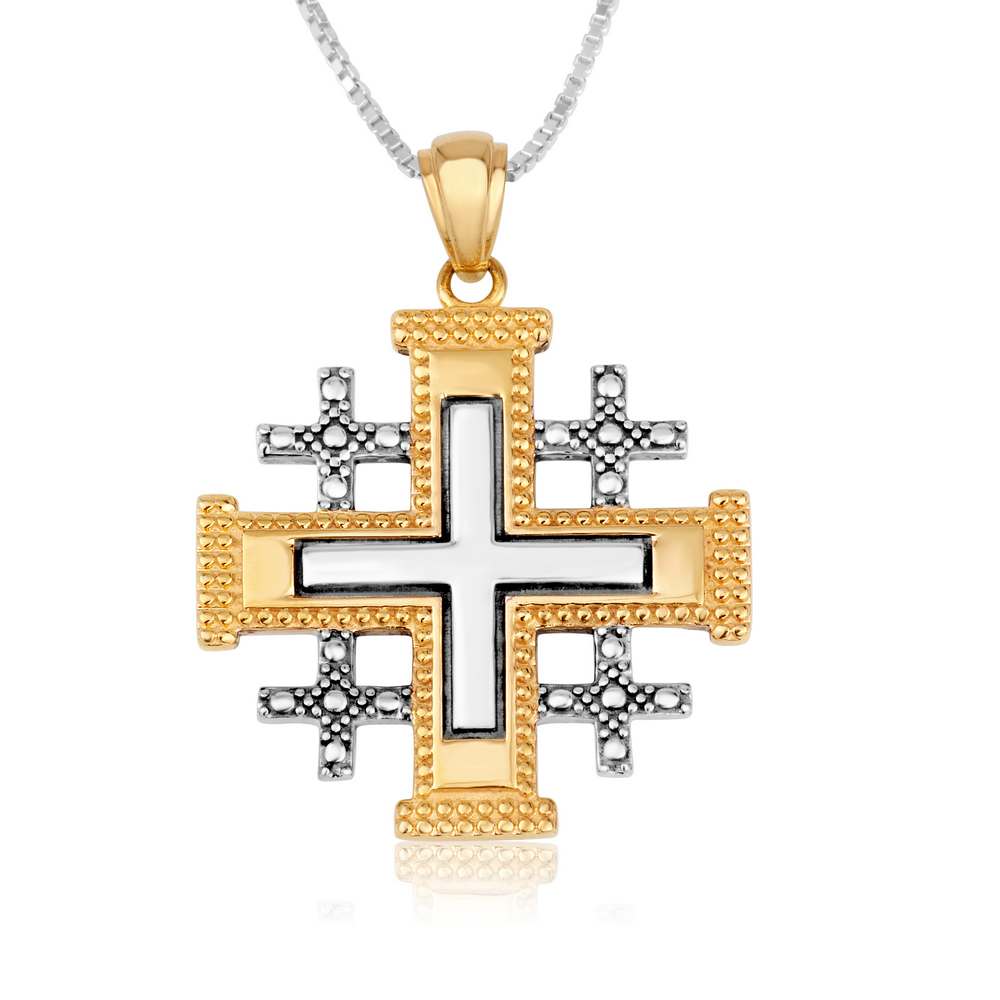 Two-tone Jerusalem Cross pendant with gold-plated border in 925 sterling silver by Marina Jewelry
