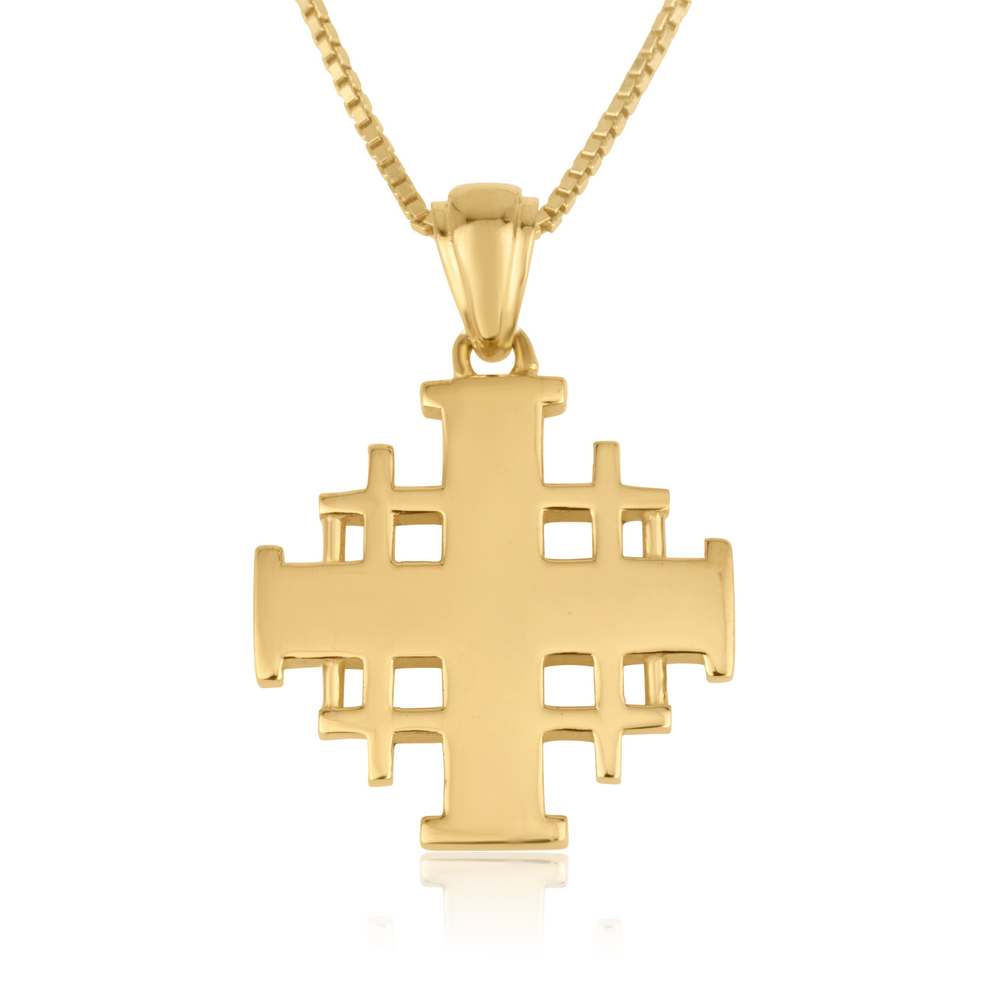 Gold-plated Jerusalem Cross pendant with open cutout corner crosses in 925 sterling silver by Marina Jewelry