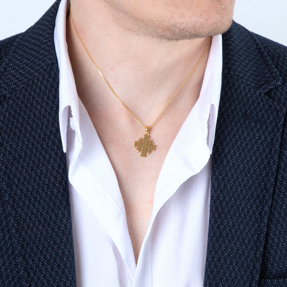 Gold Plated Jerusalem Cross Pendant Necklace in 925 Sterling Silver – shown worn, close-up
