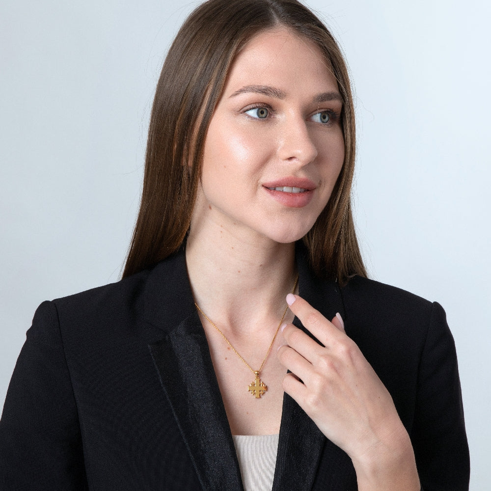 Gold Plated Jerusalem Cross Pendant Necklace in 925 Sterling Silver – shown worn