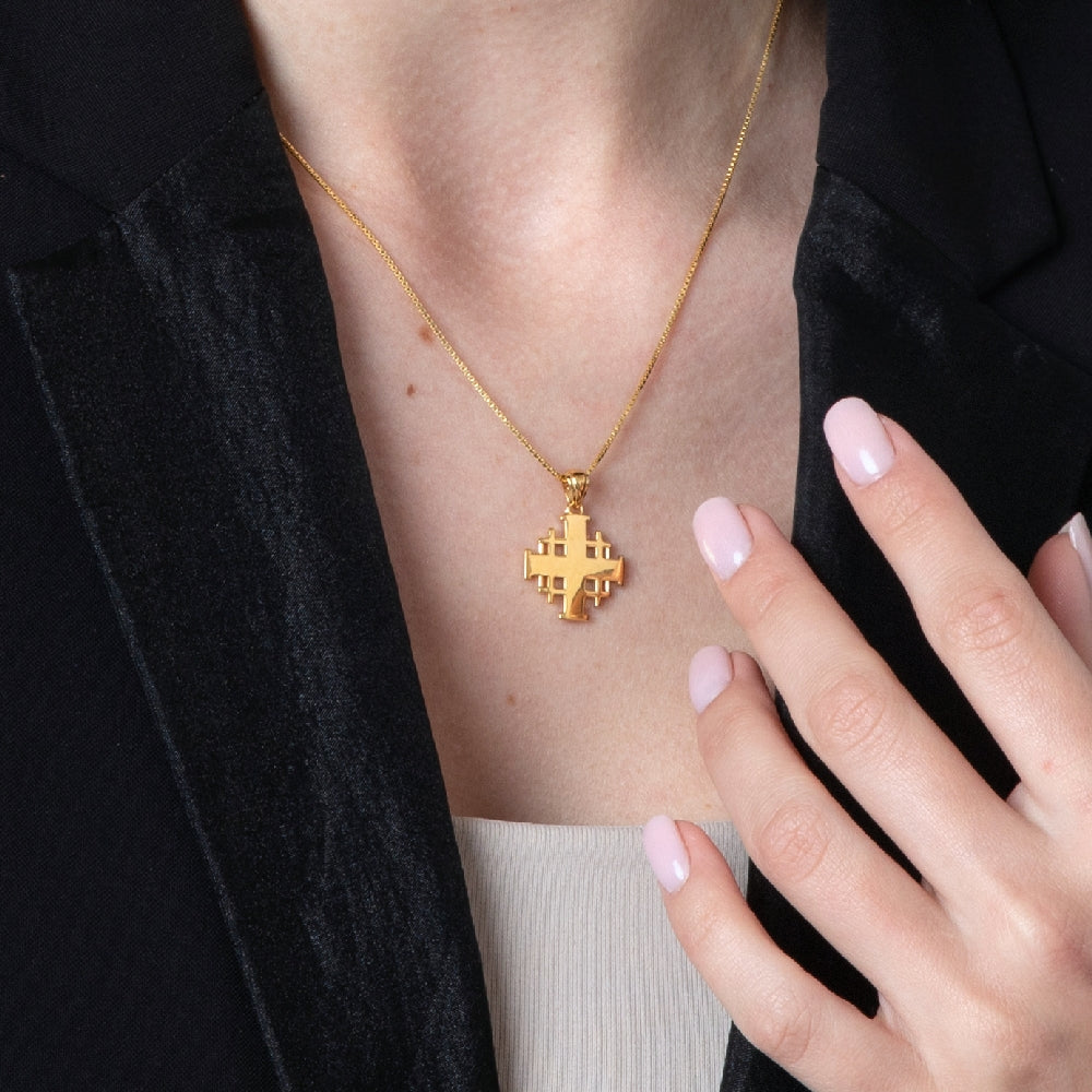 Gold Plated Jerusalem Cross Pendant Necklace in 925 Sterling Silver – shown worn, close-up