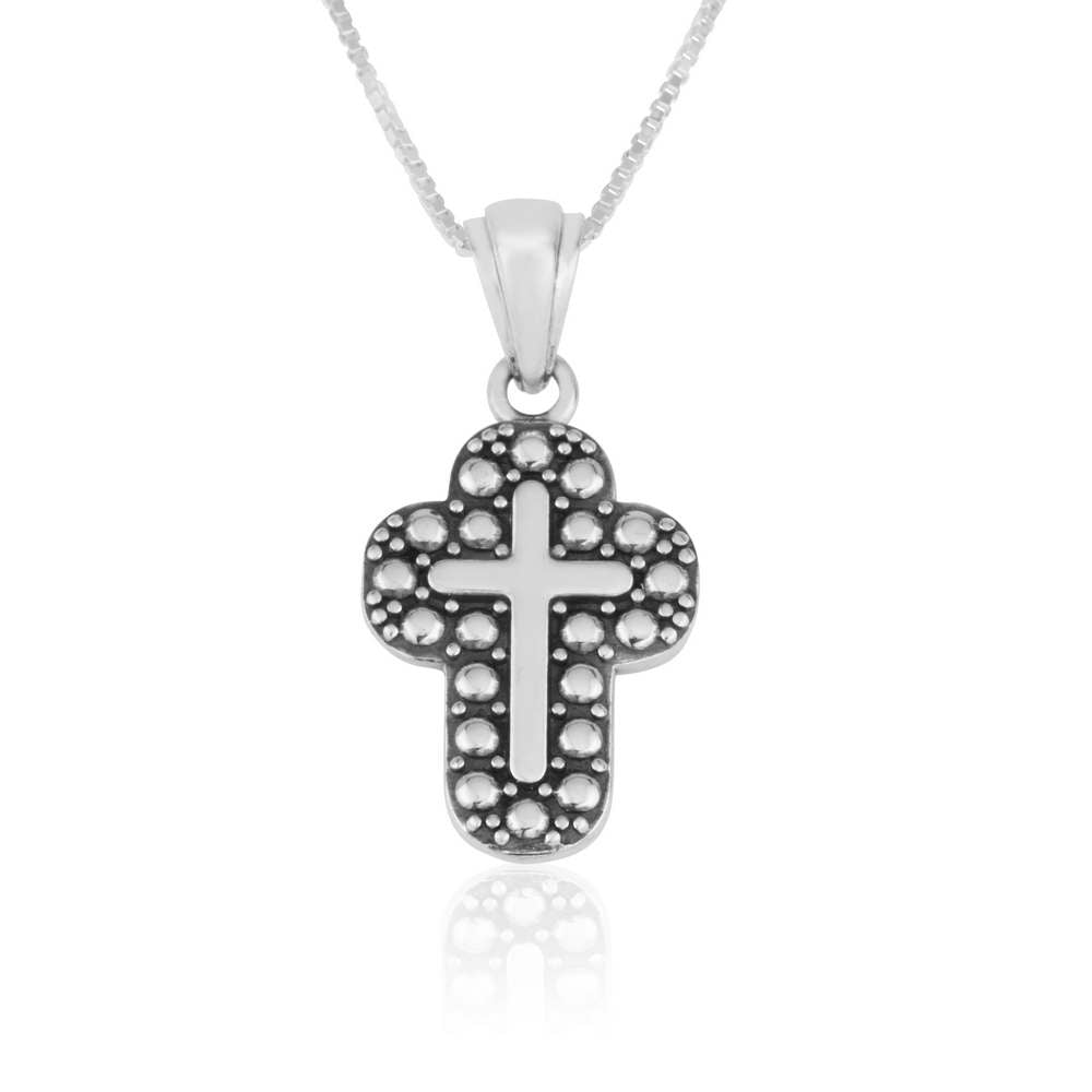 Beaded cross pendant with rounded ends in 925 sterling silver by Marina Jewelry