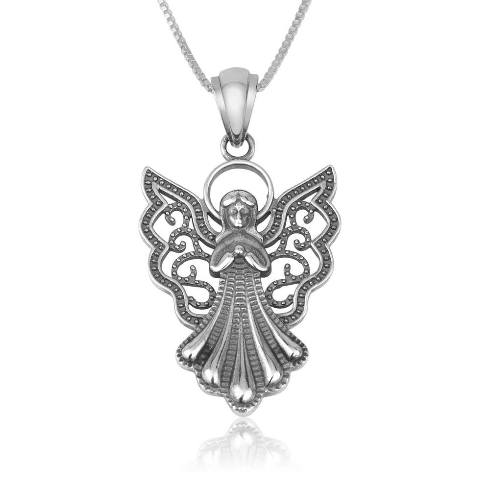 Filigree angel pendant necklace in 925 sterling silver by Marina Jewelry