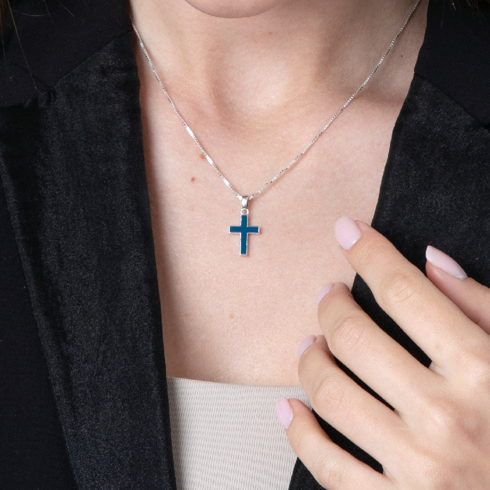 Eilat Stone Latin Cross Pendant Necklace, Slim Inlay, 925 Sterling Silver – shown worn, close-up