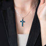 Eilat Stone Latin Cross Pendant Necklace, Ornate Bail, 925 Sterling Silver – shown worn, close-up