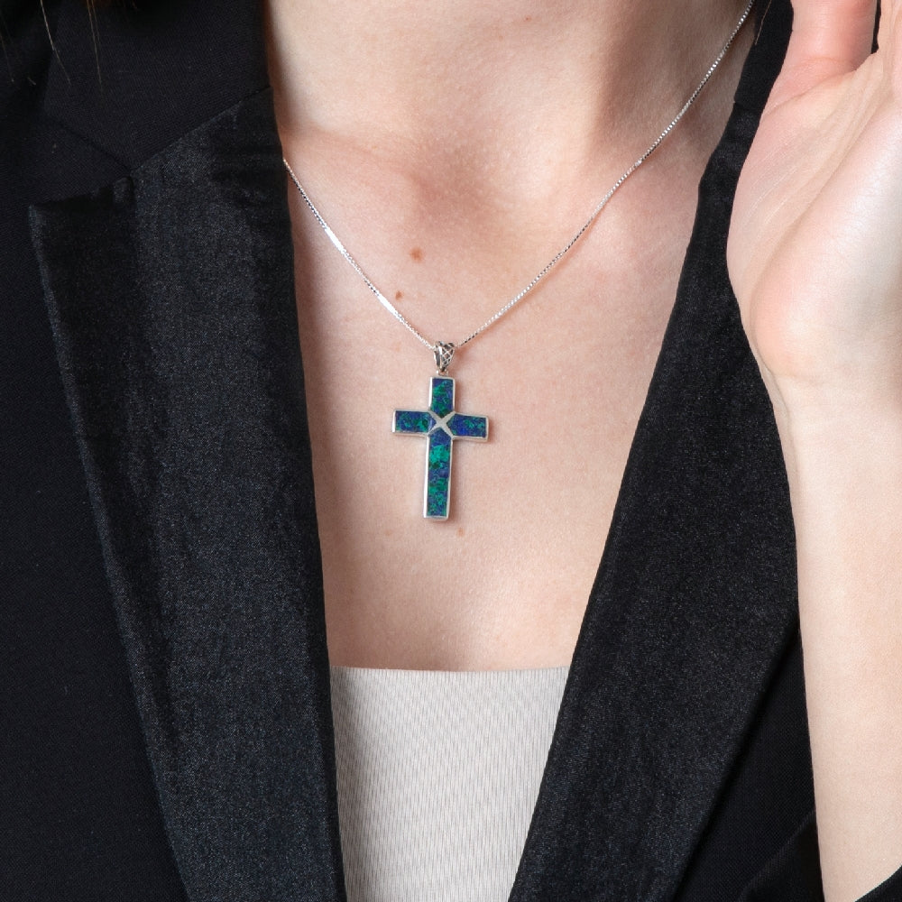 Eilat Stone Latin Cross Pendant Necklace, Ornate Bail, 925 Sterling Silver – shown worn, close-up
