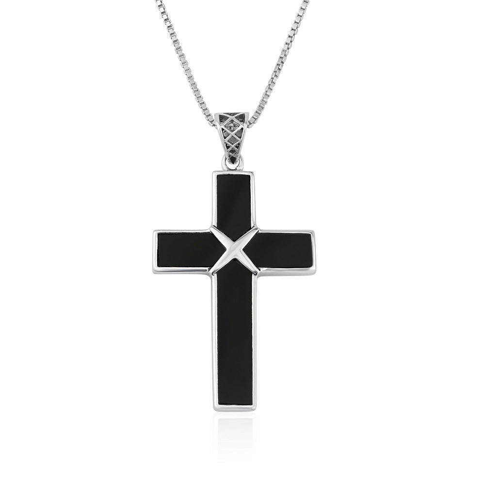 Black onyx cross pendant necklace with star detail in 925 sterling silver by Marina Jewelry