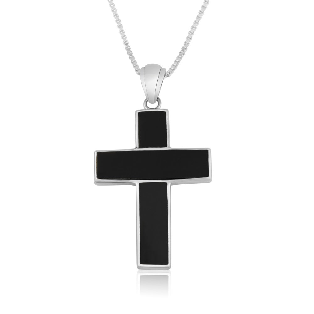 Black onyx cross pendant necklace, segmented, 925 sterling silver, by Marina Jewelry