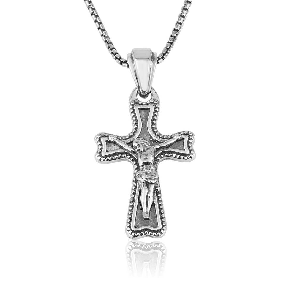 Beaded-border crucifix pendant with figure of Christ in 925 sterling silver by Marina Jewelry