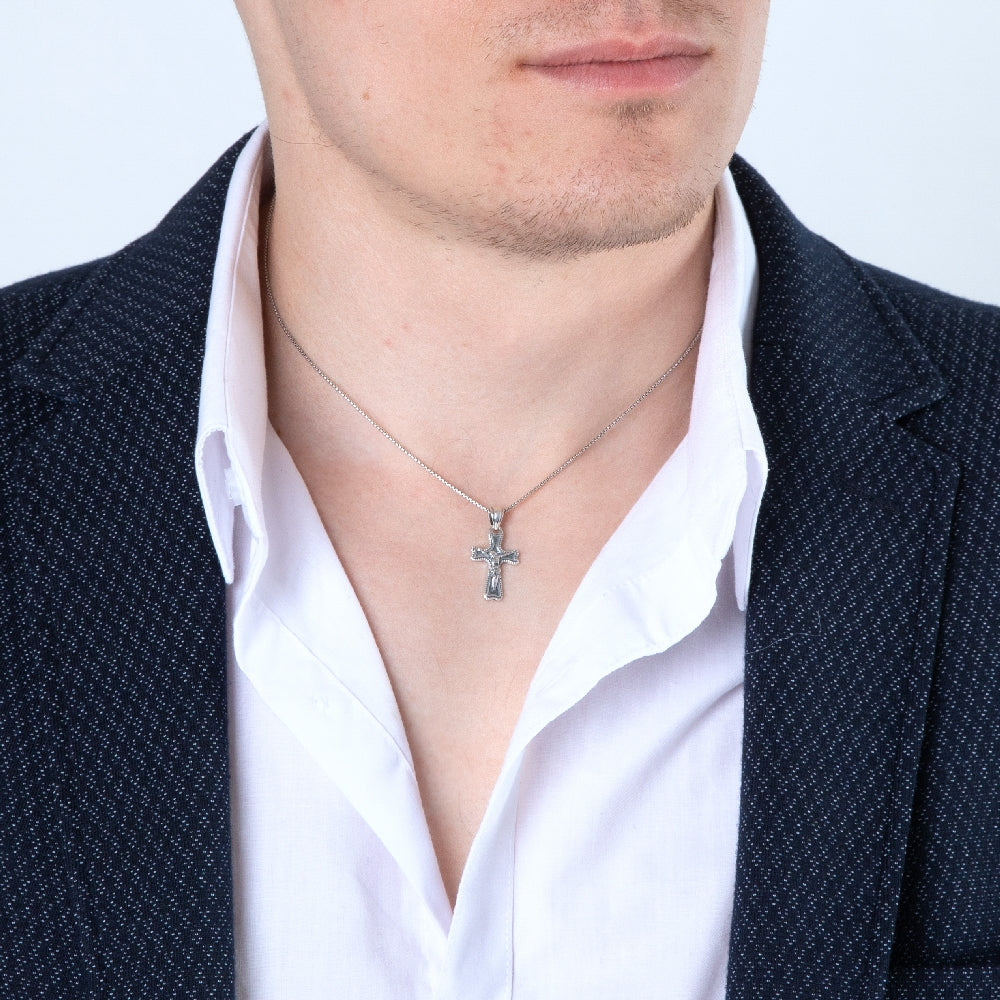 Crucifix Pendant Necklace in 925 Sterling Silver, Beaded Border – shown worn, close-up