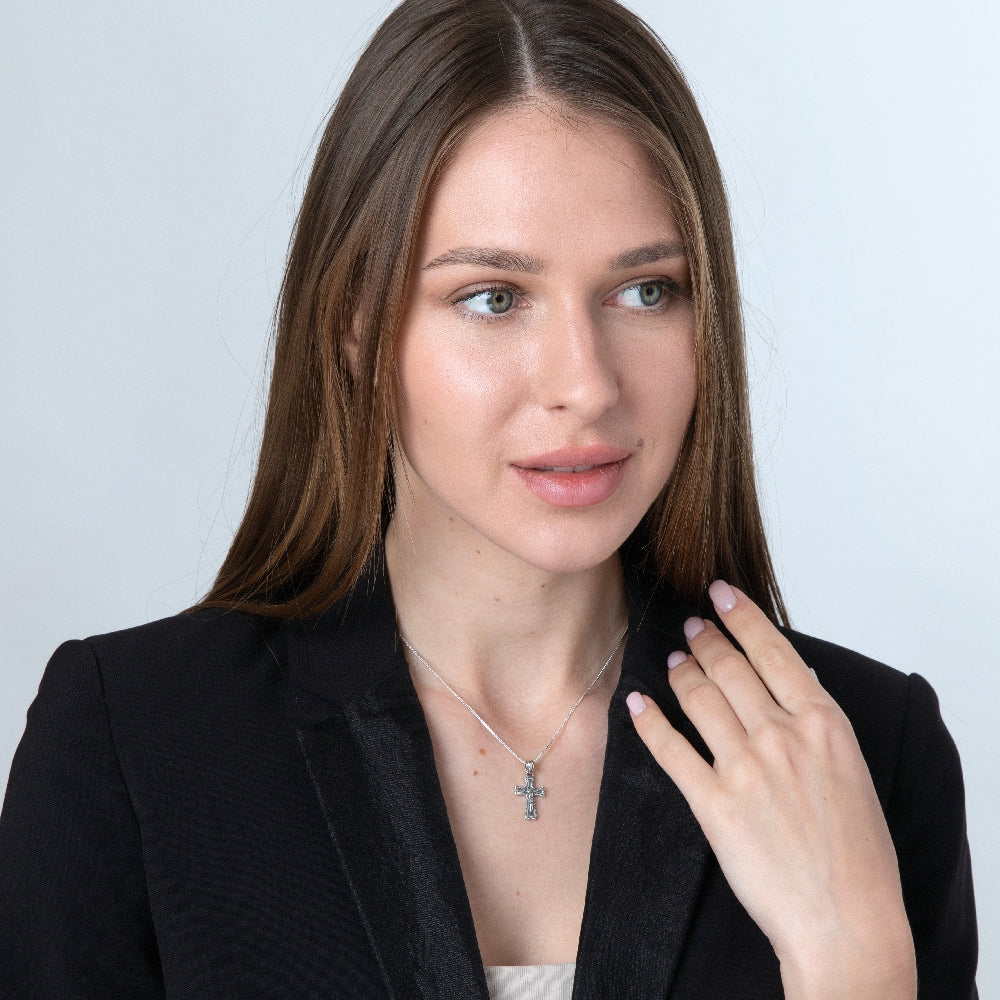 Crucifix Pendant Necklace in 925 Sterling Silver, Beaded Border – shown worn