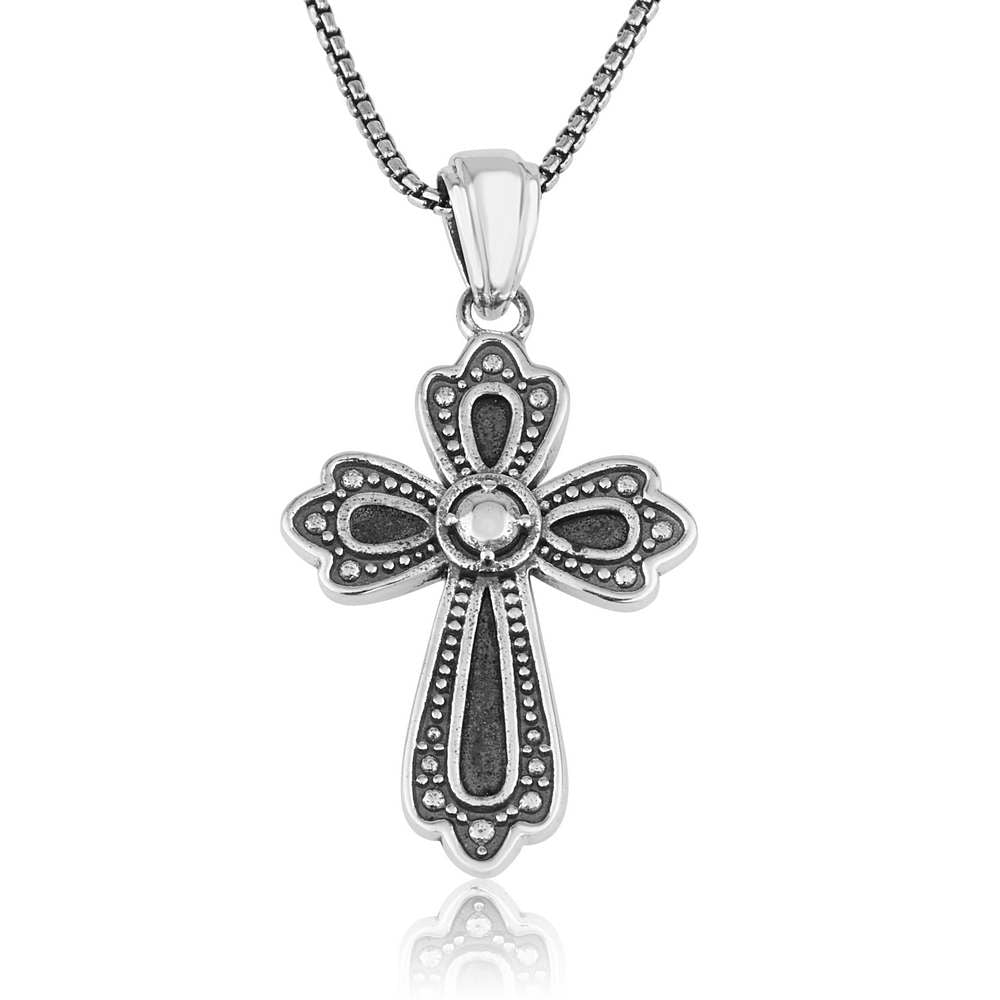 Ornate oxidized petal-lobed cross pendant with center medallion in 925 sterling silver by Marina Jewelry