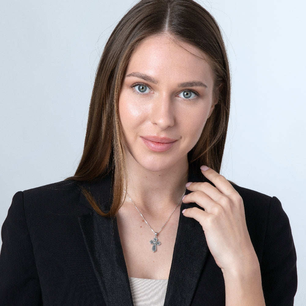 Ornate Budded Cross Pendant Necklace in 925 Sterling Silver, Oxidized – shown worn