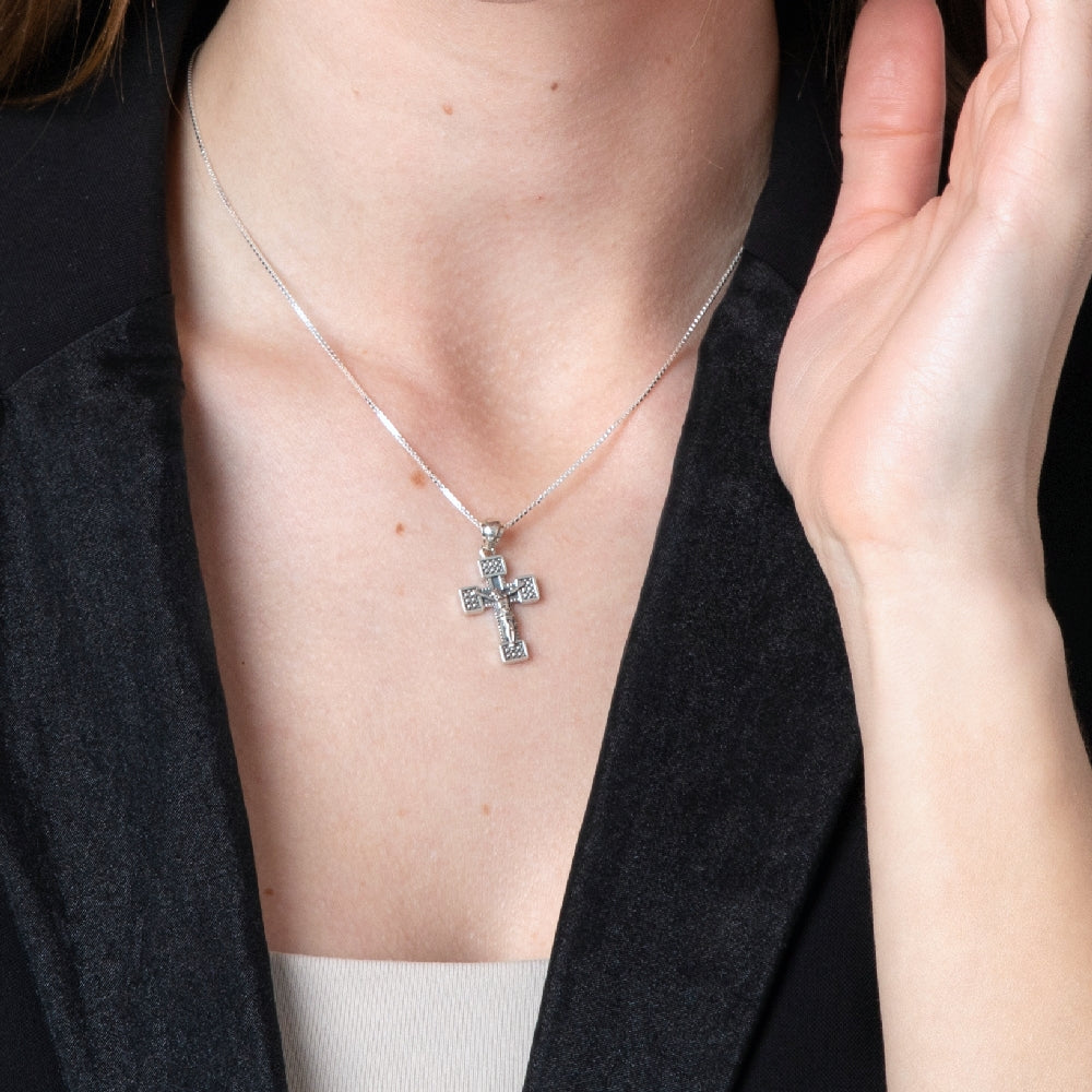 Crucifix Pendant Necklace in 925 Sterling Silver – shown worn, close-up