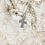 Dotted Cross Pendant Necklace, Flared Oxidized Arms, 925 Sterling Silver – flat lay