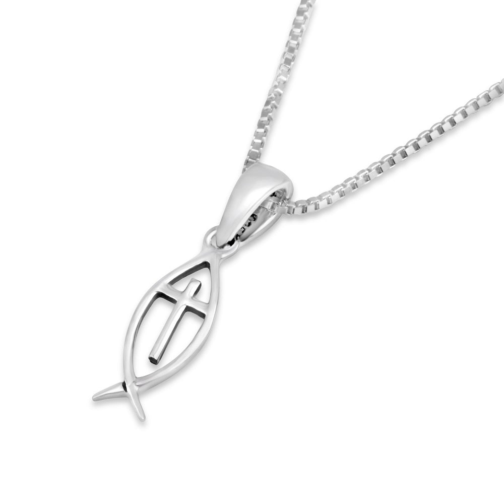 Ichthus fish and cross pendant necklace in 925 sterling silver by Marina Jewelry