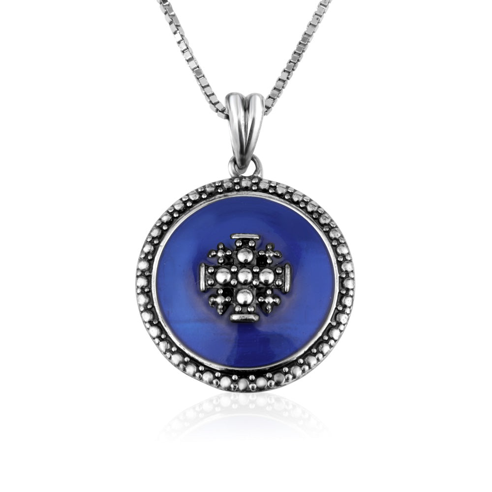 Jerusalem Cross medallion pendant necklace in oxidized 925 sterling silver by Marina Jewelry