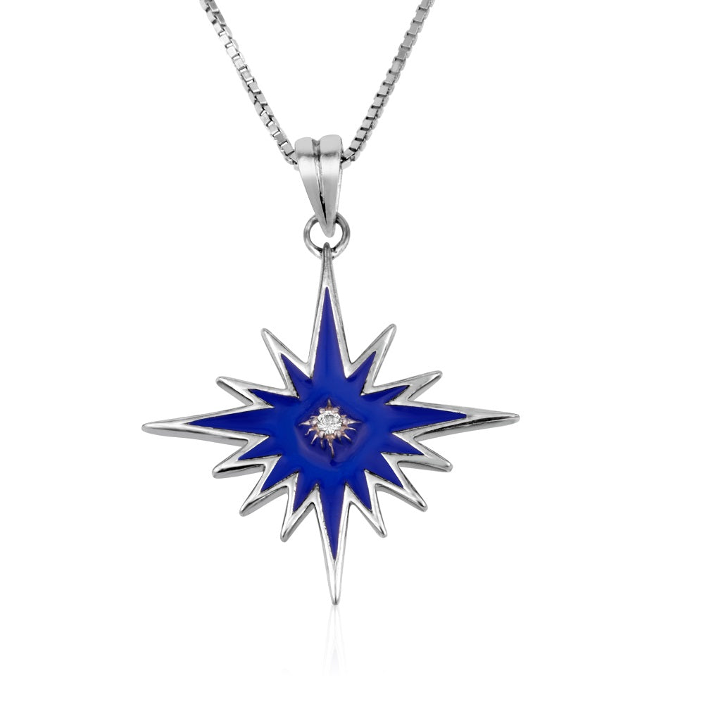 Star of Bethlehem pendant necklace, large, blue enamel and CZ, by Marina Jewelry