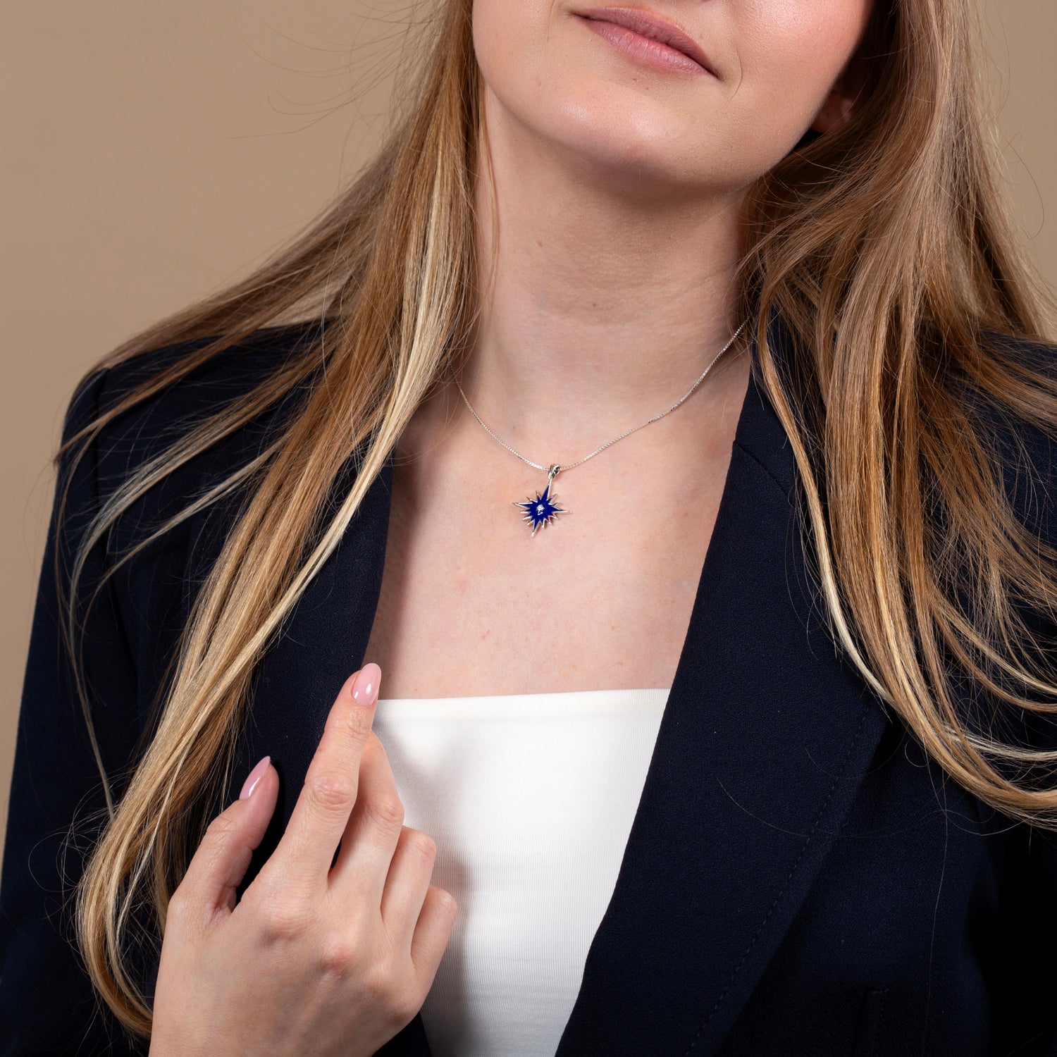 Star of Bethlehem Pendant Necklace, Large, Blue Enamel & CZ – shown worn