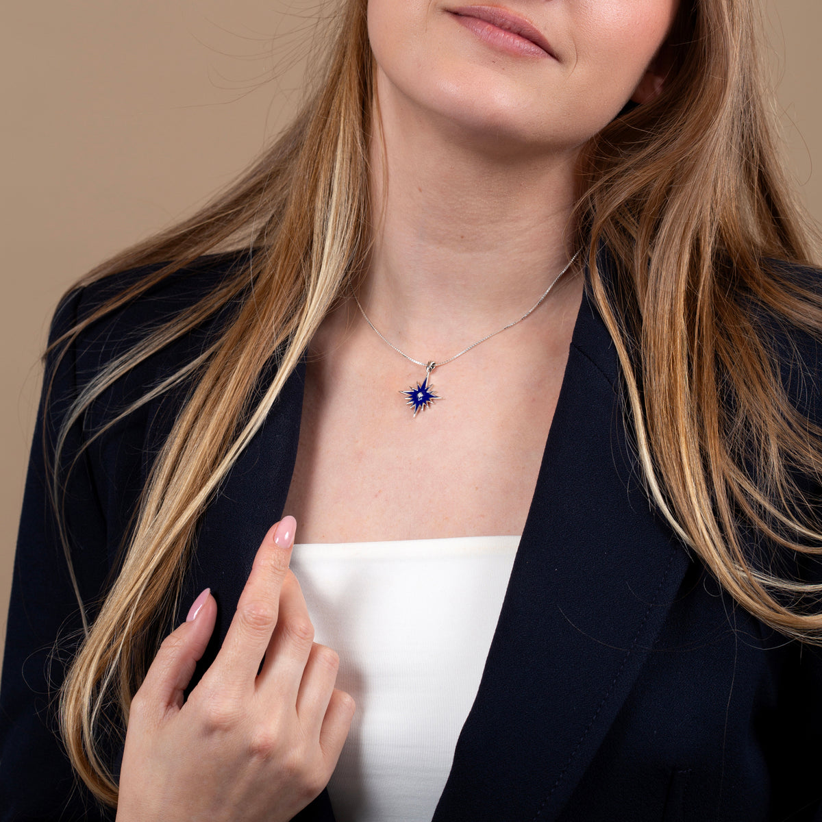 Star of Bethlehem Pendant Necklace, Large, Blue Enamel & CZ – shown worn