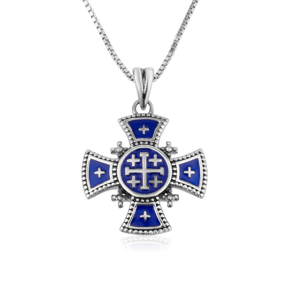 Ornate flared Jerusalem Cross pendant necklace in 925 sterling silver by Marina Jewelry