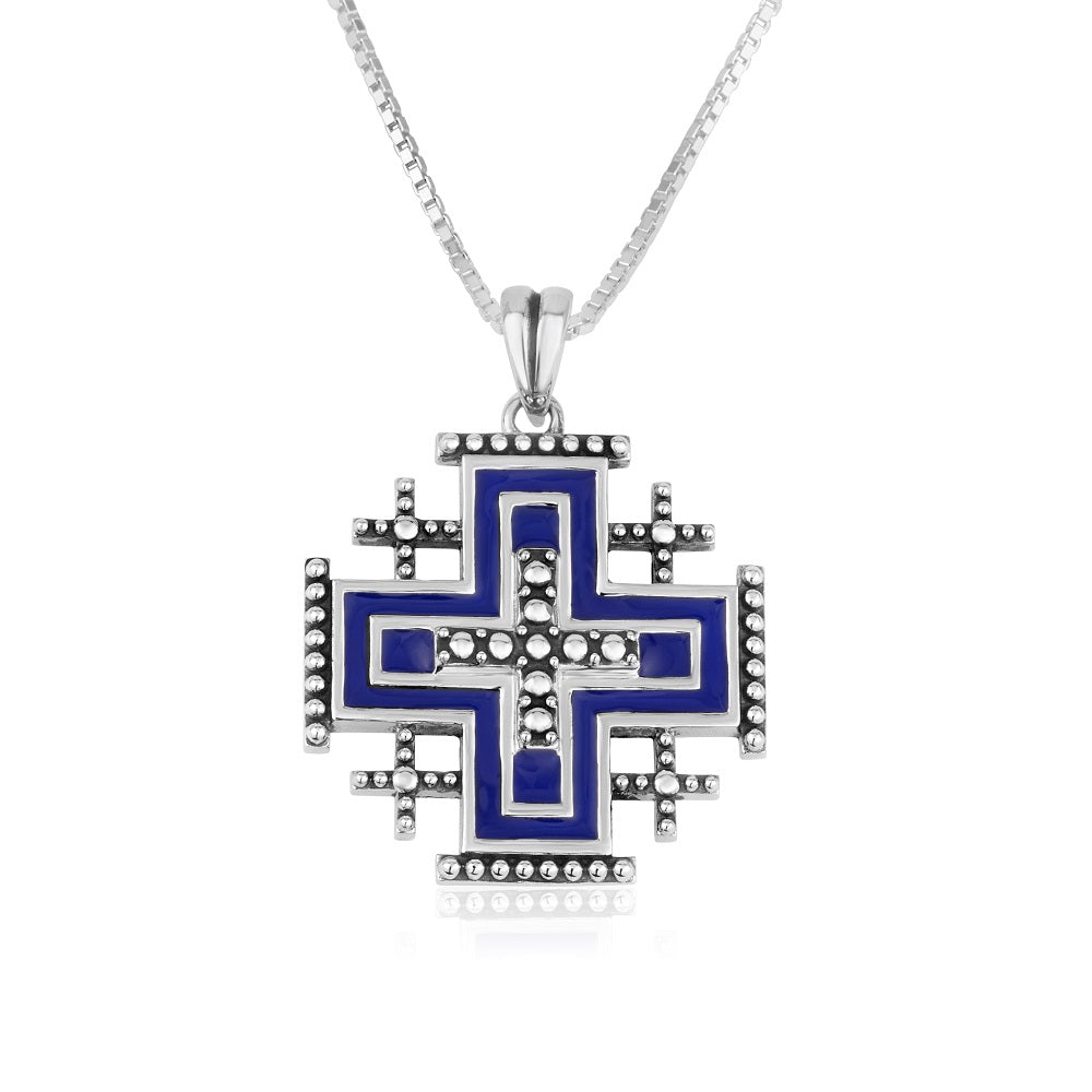 Large beaded Jerusalem Cross pendant necklace in 925 sterling silver by Marina Jewelry