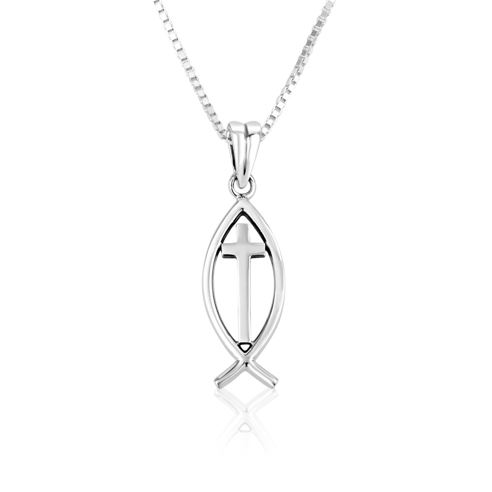 Ichthus fish pendant necklace in 925 sterling silver by Marina Jewelry