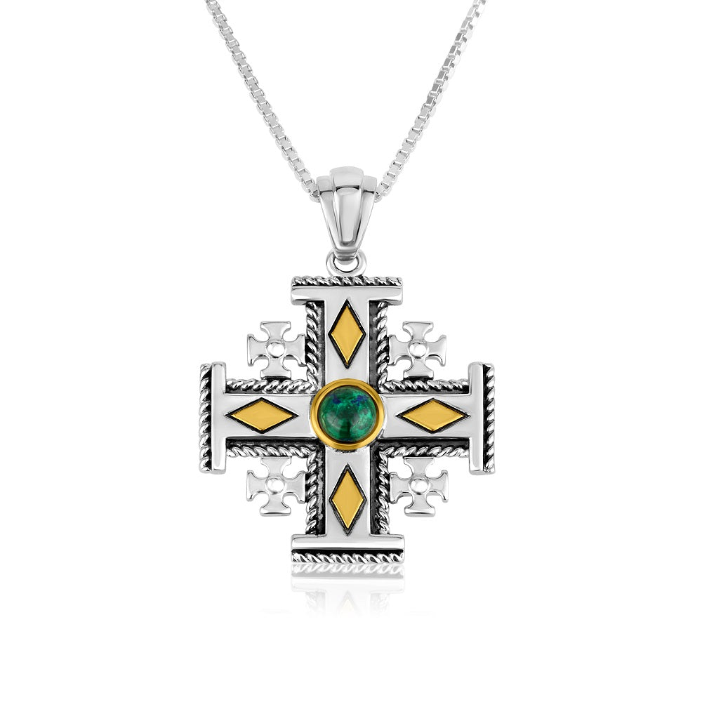 Jerusalem Cross pendant necklace with Eilat stone and gold diamond motifs by Marina Jewelry