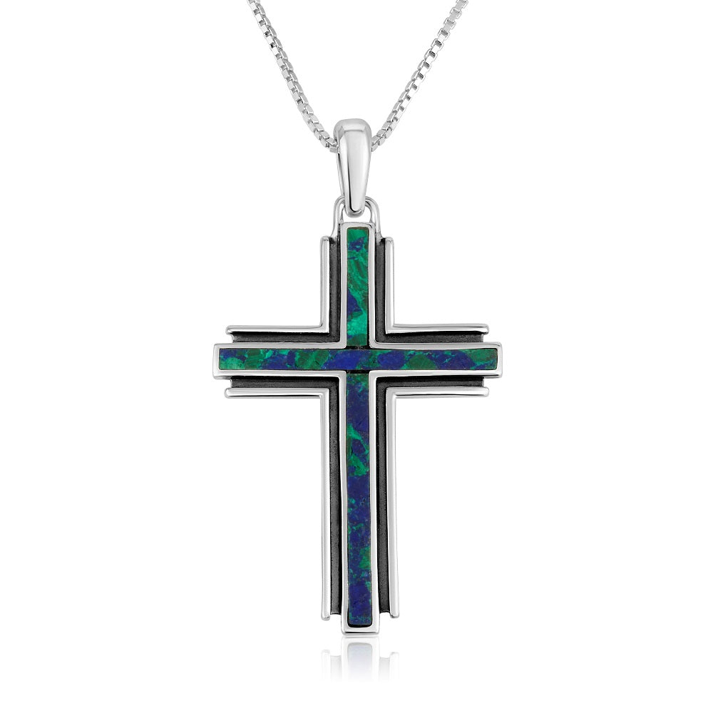 Eilat stone cross pendant necklace, stepped profile, 925 sterling silver, by Marina Jewelry