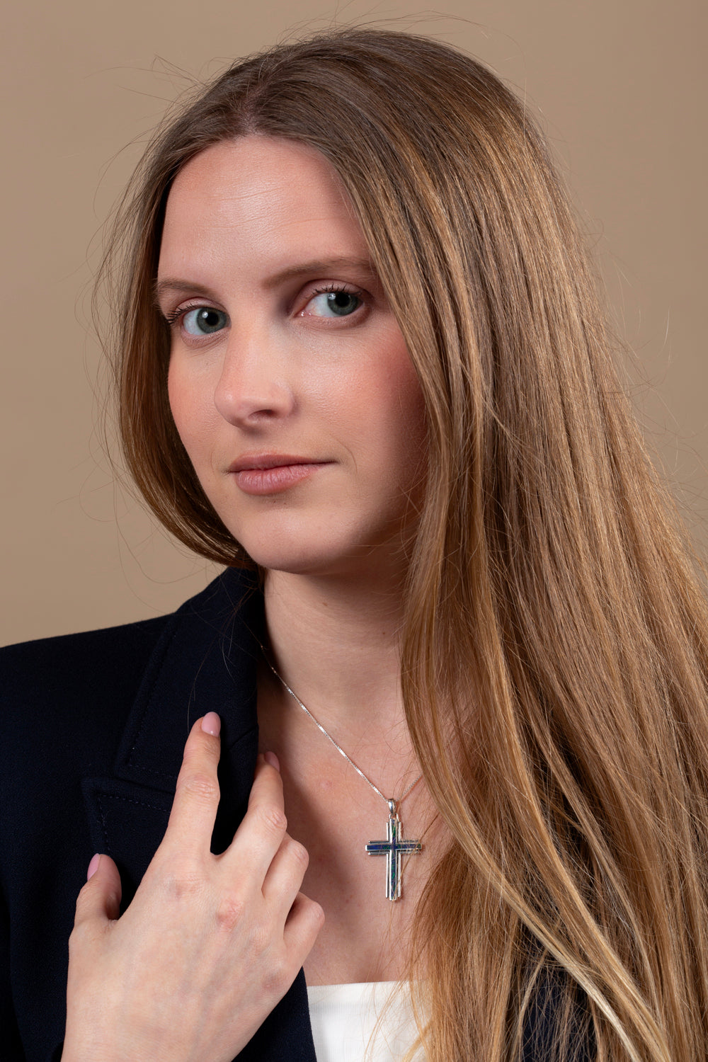 Eilat Stone Cross Pendant Necklace, Stepped Profile, 925 Sterling Silver – shown worn