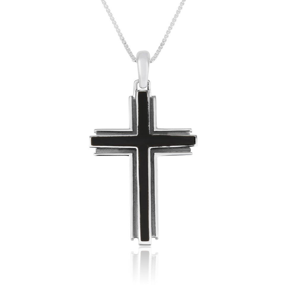 Black onyx cross pendant necklace, stepped profile, 925 sterling silver, by Marina Jewelry