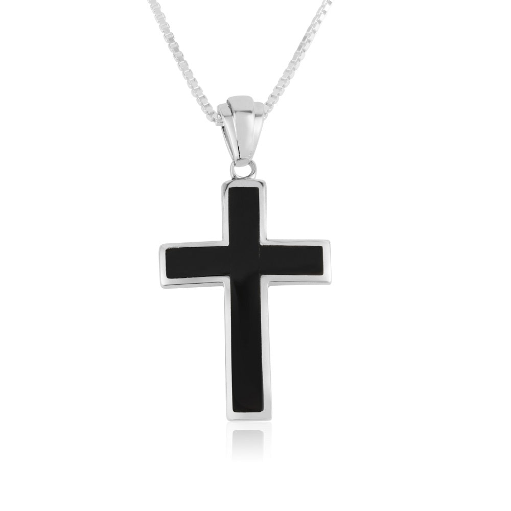 Black onyx cross pendant necklace, medium, rounded corners, 925 sterling silver, by Marina Jewelry