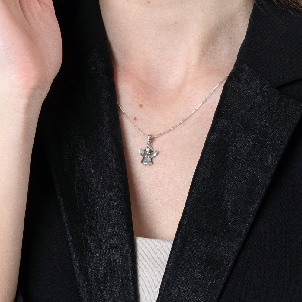 Angel Pendant Necklace in 925 Sterling Silver – shown worn, close-up
