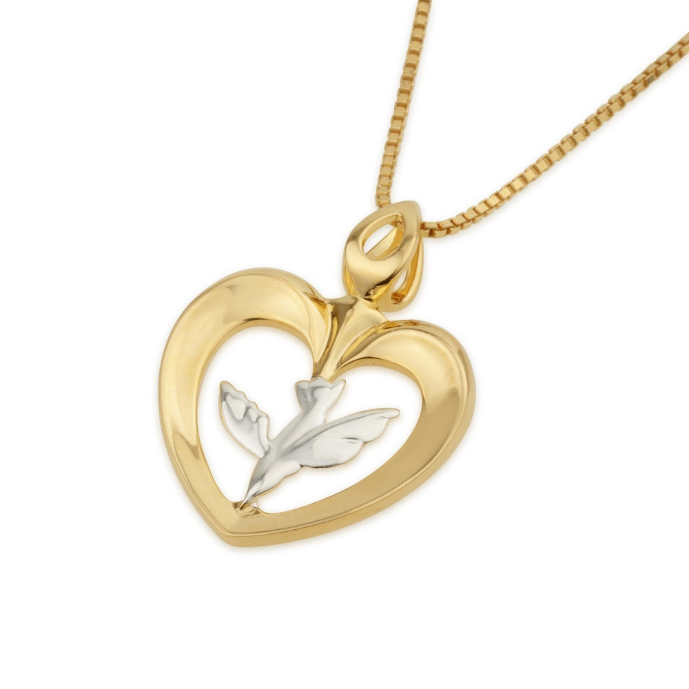 Heart and dove pendant necklace, gold heart and gold dove, by Marina Jewelry