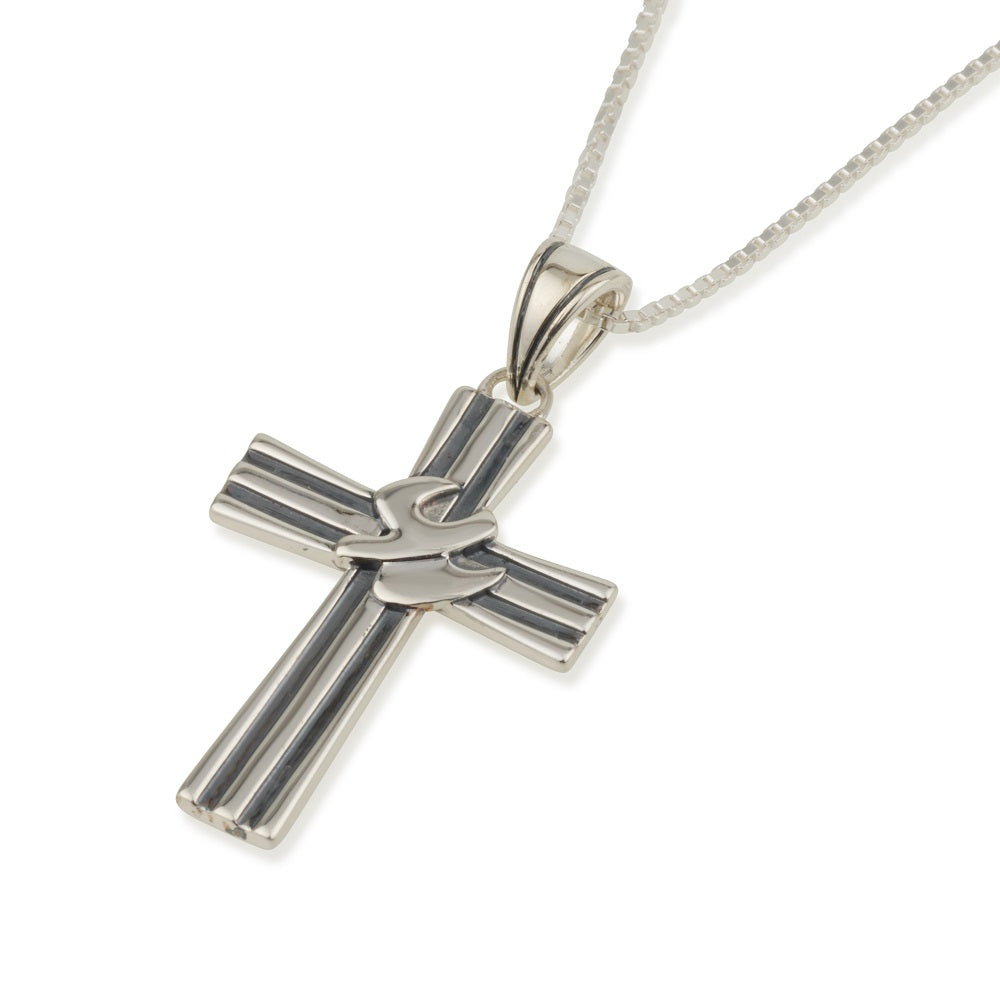 Cross with dove pendant necklace, striped oxidized 925 sterling silver, by Marina Jewelry