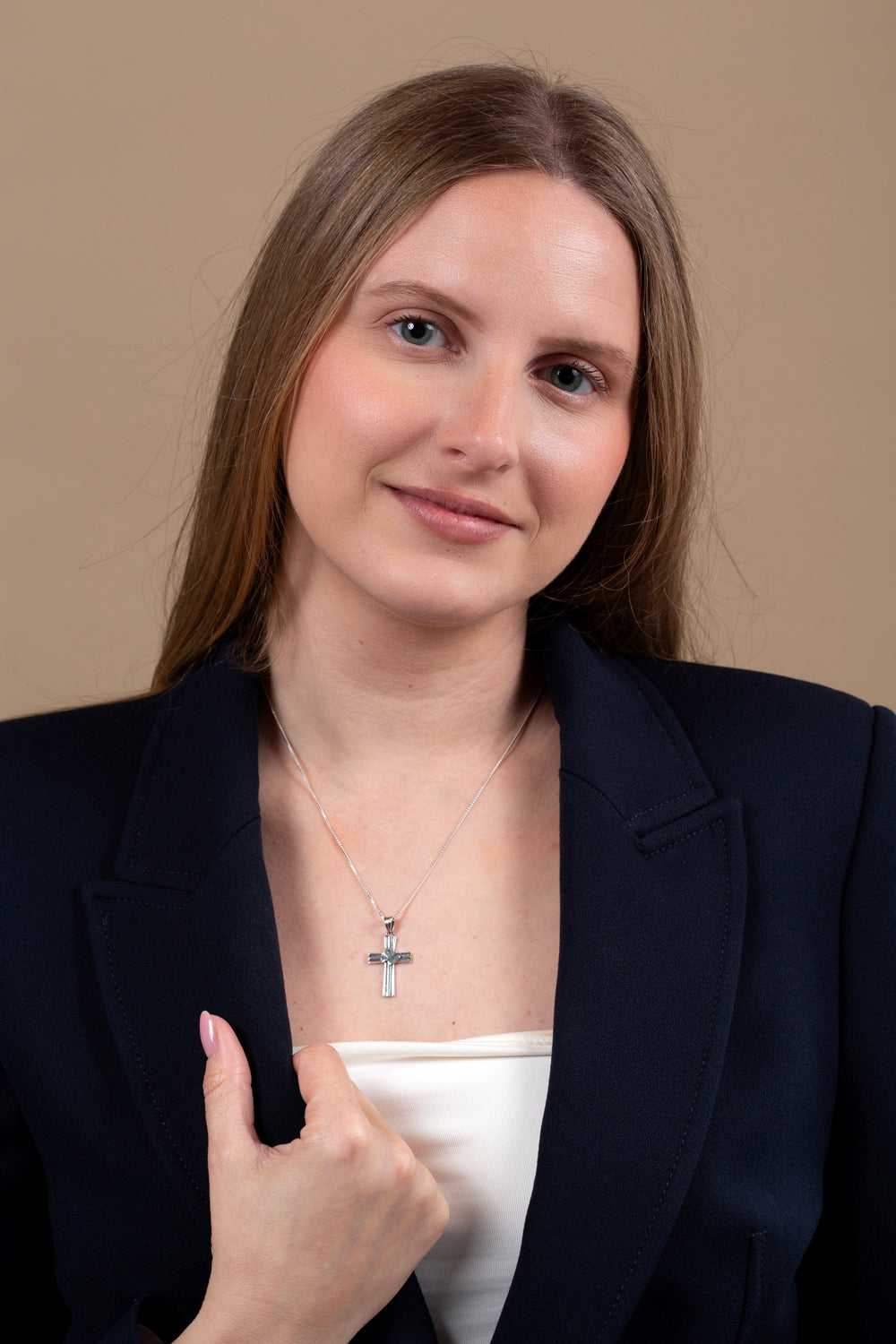 Cross with Dove Pendant Necklace, Striped Oxidized 925 Sterling Silver – shown worn