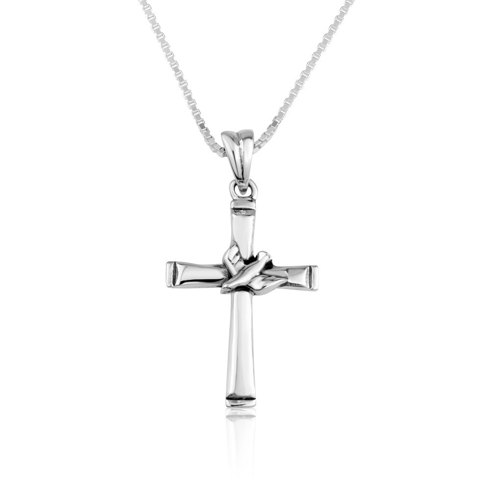 Cross with 3D dove pendant necklace in 925 sterling silver by Marina Jewelry