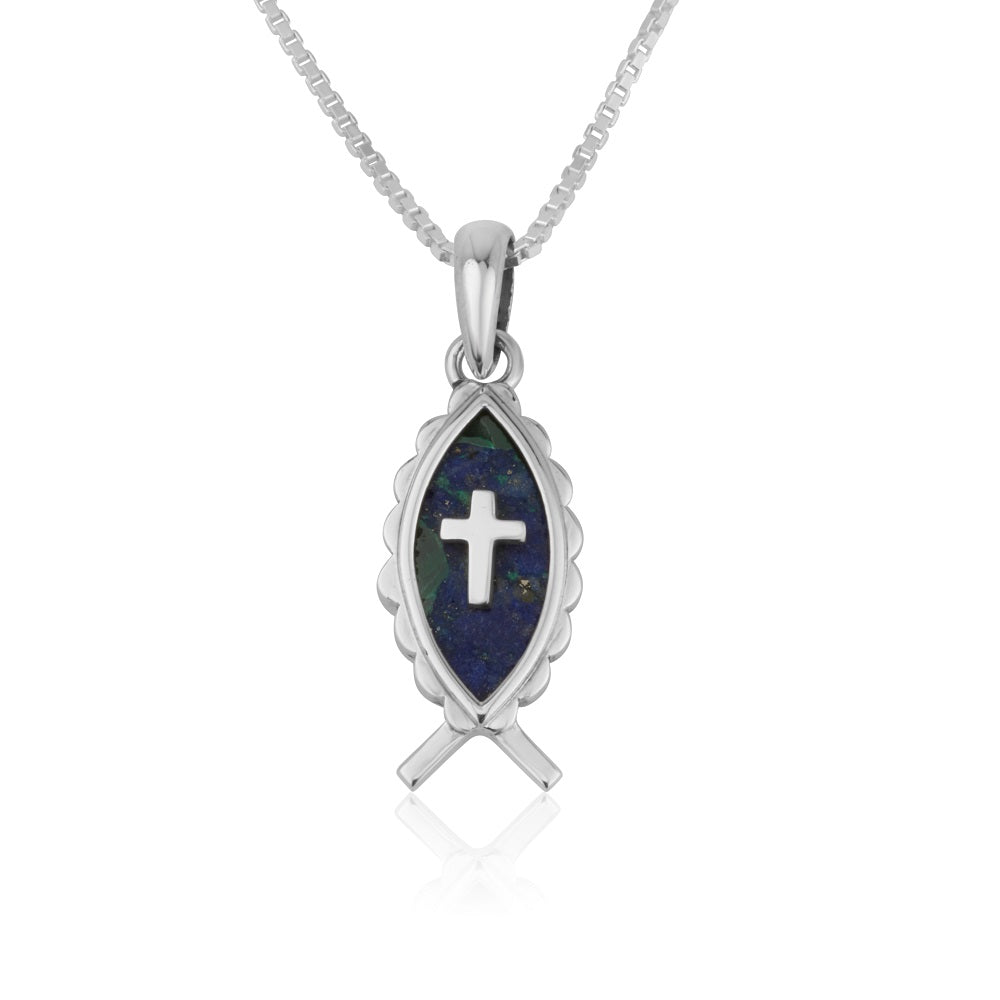 Eilat stone Ichthus fish and cross pendant necklace in 925 sterling silver by Marina Jewelry