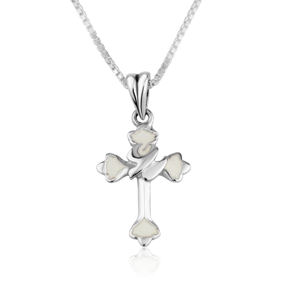 Cross with dove pendant necklace, white enamel tips, in 925 sterling silver by Marina Jewelry