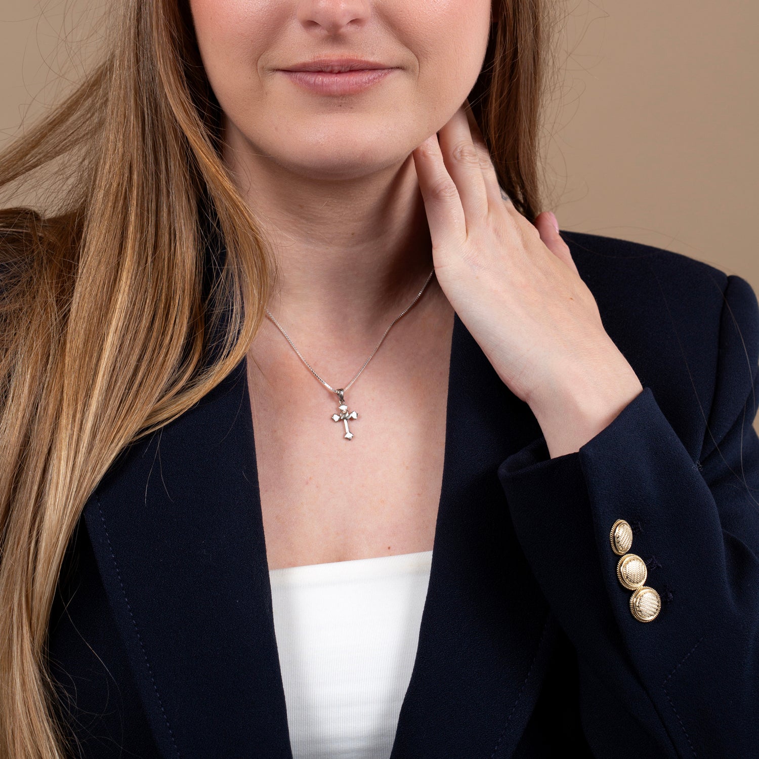 Cross with Dove Pendant Necklace, White Enamel Tips, 925 Sterling Silver – shown worn, close-up