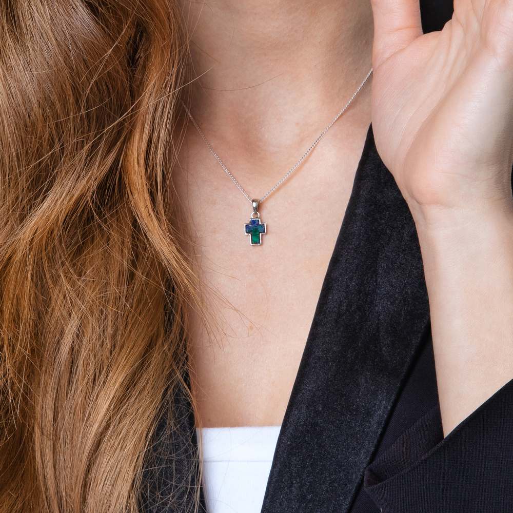 Eilat Stone Cross Pendant Necklace, Chunky Silver Bezel, 925 Sterling Silver – shown worn, close-up
