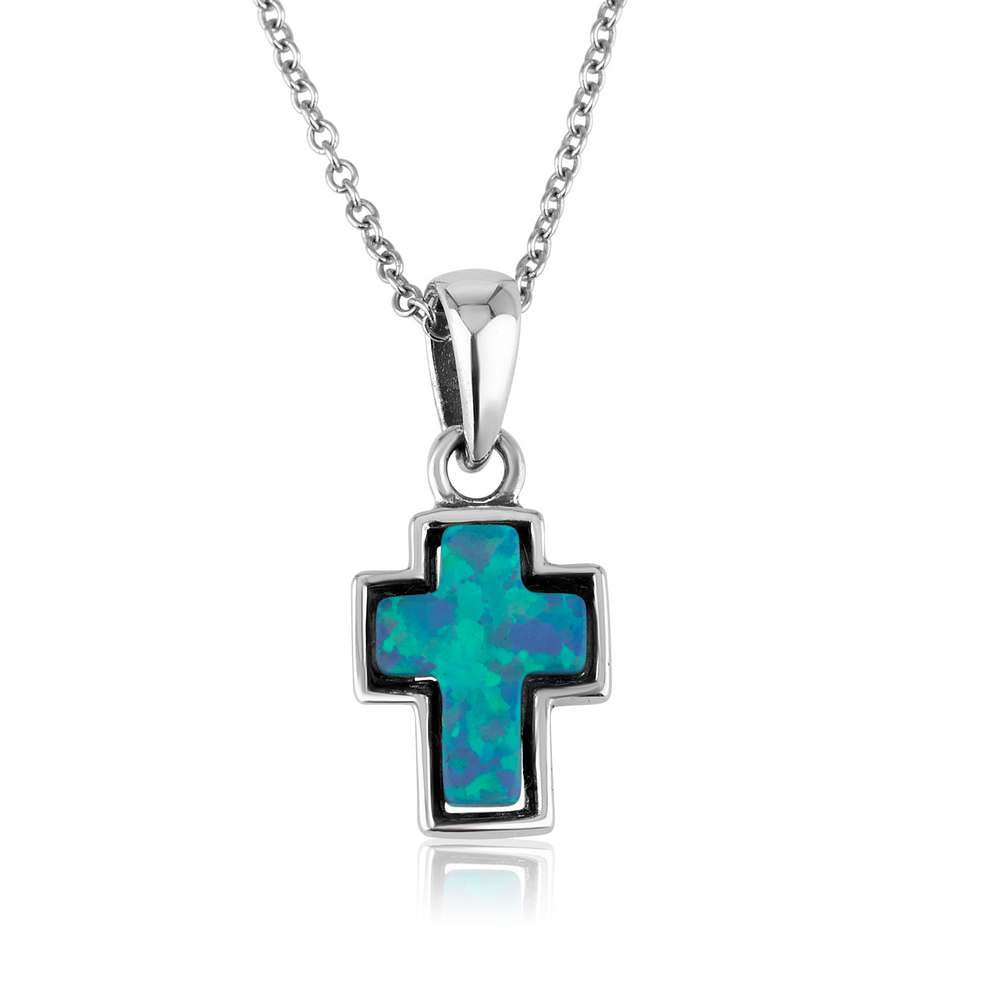 Blue opal cross pendant in 925 sterling silver by Marina Jewelry