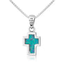 Blue Opal Cross Pendant Necklace, Silver Bezel Frame, 925 Sterling Silver